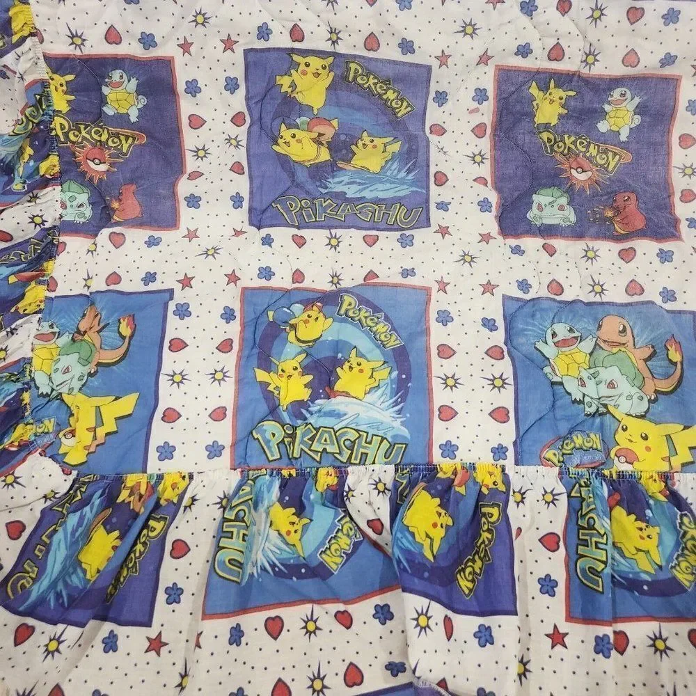 Vintage 90s Pokemon Pikachu Bedspread Comforter Blue White Multi Ruffle Twin